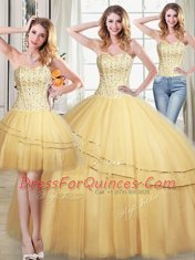 Low Price Three Piece Gold Sweetheart Neckline Beading and Sequins Sweet 16 Quinceanera Dress Sleeveless Lace Up