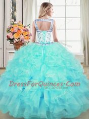 Hot Sale Aqua Blue Ball Gowns Straps Sleeveless Organza Floor Length Lace Up Beading and Lace and Ruffles Sweet 16 Quinceanera Dress