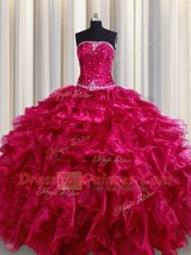 Custom Made Four Piece Sleeveless Organza Floor Length Lace Up Sweet 16 Dress in Burgundy with Beading and Ruffles