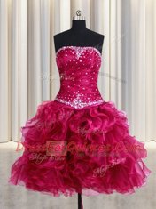 Custom Made Four Piece Sleeveless Organza Floor Length Lace Up Sweet 16 Dress in Burgundy with Beading and Ruffles