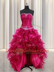 Custom Made Four Piece Sleeveless Organza Floor Length Lace Up Sweet 16 Dress in Burgundy with Beading and Ruffles
