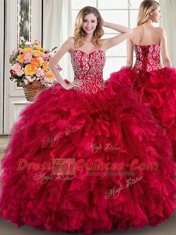 Glorious Sweetheart Sleeveless Quinceanera Dress Brush Train Beading and Ruffles Red Organza