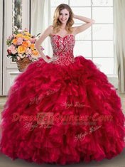 Glorious Sweetheart Sleeveless Quinceanera Dress Brush Train Beading and Ruffles Red Organza