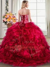 Glorious Sweetheart Sleeveless Quinceanera Dress Brush Train Beading and Ruffles Red Organza