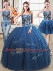 Adorable Three Piece Teal Lace Up Vestidos de Quinceanera Beading Sleeveless Floor Length