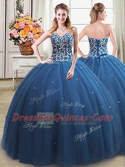 Adorable Three Piece Teal Lace Up Vestidos de Quinceanera Beading Sleeveless Floor Length