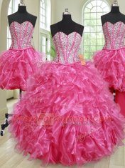 Elegant Four Piece Hot Pink Ball Gowns Beading and Ruffles Sweet 16 Dress Lace Up Organza Sleeveless Floor Length