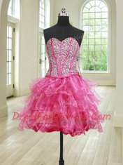 Elegant Four Piece Hot Pink Ball Gowns Beading and Ruffles Sweet 16 Dress Lace Up Organza Sleeveless Floor Length