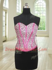 Elegant Four Piece Hot Pink Ball Gowns Beading and Ruffles Sweet 16 Dress Lace Up Organza Sleeveless Floor Length