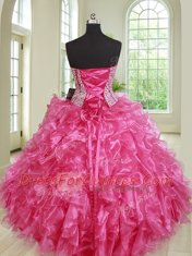Elegant Four Piece Hot Pink Ball Gowns Beading and Ruffles Sweet 16 Dress Lace Up Organza Sleeveless Floor Length