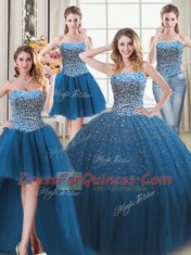Fine Four Piece Teal Sleeveless Floor Length Beading Lace Up Quinceanera Dresses