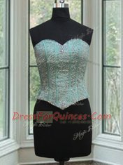Three Piece Turquoise Ball Gowns Sweetheart Sleeveless Organza Floor Length Lace Up Beading and Ruffles and Pick Ups Ball Gown Prom Dress