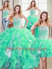 Four Piece Sleeveless Lace Up Floor Length Beading and Ruffles and Sequins Ball Gown Prom Dress
