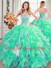 Four Piece Sleeveless Lace Up Floor Length Beading and Ruffles and Sequins Ball Gown Prom Dress