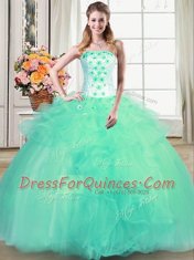 Sumptuous Turquoise Strapless Lace Up Beading and Appliques and Ruffles Quinceanera Dresses Sleeveless