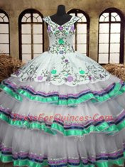 High End Organza and Taffeta Straps Sleeveless Lace Up Embroidery and Ruffled Layers Quinceanera Dresses in White