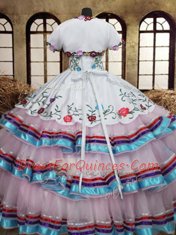 Admirable Straps White Organza and Taffeta Lace Up Ball Gown Prom Dress Sleeveless Floor Length Embroidery and Ruffled Layers