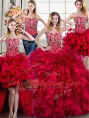 Four Piece Beading and Ruffles Quince Ball Gowns Red Lace Up Sleeveless Brush Train