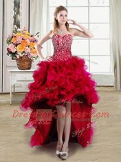 Four Piece Beading and Ruffles Quince Ball Gowns Red Lace Up Sleeveless Brush Train