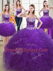 Four Piece Eggplant Purple Ball Gowns Sweetheart Sleeveless Tulle Floor Length Lace Up Beading and Ruffles 15 Quinceanera Dress