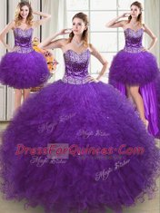 Four Piece Eggplant Purple Ball Gowns Sweetheart Sleeveless Tulle Floor Length Lace Up Beading and Ruffles 15 Quinceanera Dress