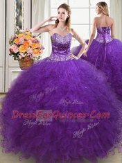 Four Piece Eggplant Purple Ball Gowns Sweetheart Sleeveless Tulle Floor Length Lace Up Beading and Ruffles 15 Quinceanera Dress