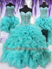 Delicate Four Piece Floor Length Aqua Blue Quince Ball Gowns Organza Sleeveless Beading and Ruffles