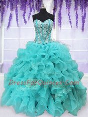 Delicate Four Piece Floor Length Aqua Blue Quince Ball Gowns Organza Sleeveless Beading and Ruffles