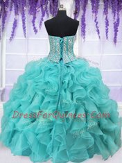Delicate Four Piece Floor Length Aqua Blue Quince Ball Gowns Organza Sleeveless Beading and Ruffles