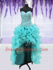 Delicate Four Piece Floor Length Aqua Blue Quince Ball Gowns Organza Sleeveless Beading and Ruffles