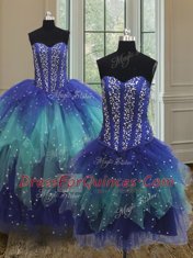 High Quality Three Piece Multi-color Ball Gowns Tulle Sweetheart Sleeveless Beading and Ruffles Floor Length Lace Up Quinceanera Gown