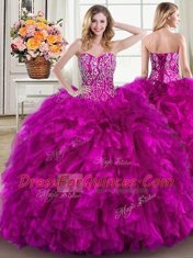 Beading and Ruffles Quince Ball Gowns Fuchsia Lace Up Sleeveless Brush Train