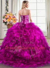 Beading and Ruffles Quince Ball Gowns Fuchsia Lace Up Sleeveless Brush Train