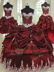 Glittering Four Piece Wine Red Lace Up Sweetheart Beading and Appliques and Pick Ups Sweet 16 Quinceanera Dress Taffeta Sleeveless
