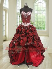 Glittering Four Piece Wine Red Lace Up Sweetheart Beading and Appliques and Pick Ups Sweet 16 Quinceanera Dress Taffeta Sleeveless