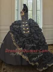 Three Piece Black Taffeta Lace Up Quinceanera Gowns Sleeveless With Brush Train Beading and Embroidery and Pick Ups