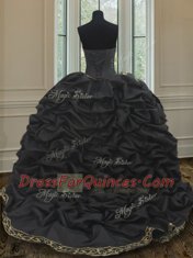 Three Piece Black Taffeta Lace Up Quinceanera Gowns Sleeveless With Brush Train Beading and Embroidery and Pick Ups