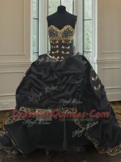 Three Piece Black Taffeta Lace Up Quinceanera Gowns Sleeveless With Brush Train Beading and Embroidery and Pick Ups