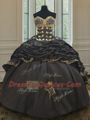 Three Piece Black Taffeta Lace Up Quinceanera Gowns Sleeveless With Brush Train Beading and Embroidery and Pick Ups