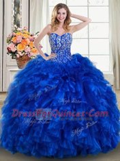 Charming Royal Blue Lace Up Quinceanera Dress Beading and Ruffles Sleeveless With Brush Train