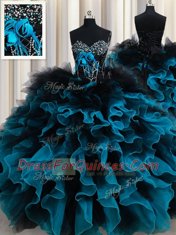 Black and Blue Sweetheart Lace Up Beading and Ruffles and Hand Made Flower Sweet 16 Dresses Sleeveless