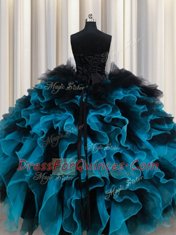 Black and Blue Sweetheart Lace Up Beading and Ruffles and Hand Made Flower Sweet 16 Dresses Sleeveless