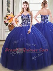 Four Piece Sweetheart Sleeveless 15th Birthday Dress Floor Length Beading Royal Blue Tulle