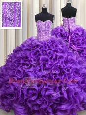 Sweetheart Sleeveless Quinceanera Dress Floor Length Beading Eggplant Purple Fabric With Rolling Flowers