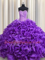 Sweetheart Sleeveless Quinceanera Dress Floor Length Beading Eggplant Purple Fabric With Rolling Flowers