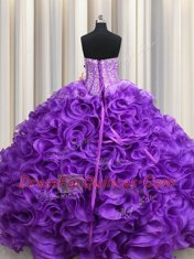 Sweetheart Sleeveless Quinceanera Dress Floor Length Beading Eggplant Purple Fabric With Rolling Flowers