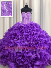 Sweetheart Sleeveless Quinceanera Dress Floor Length Beading Eggplant Purple Fabric With Rolling Flowers