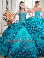Four Piece Floor Length Lace Up Sweet 16 Dresses Teal for Military Ball and Sweet 16 and Quinceanera with Beading and Embroidery and Pick Ups