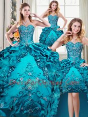 Four Piece Floor Length Lace Up Sweet 16 Dresses Teal for Military Ball and Sweet 16 and Quinceanera with Beading and Embroidery and Pick Ups