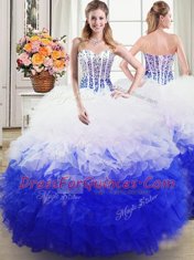 Pretty Three Piece Sleeveless Organza Floor Length Lace Up Vestidos de Quinceanera in White and Blue with Beading and Ruffles